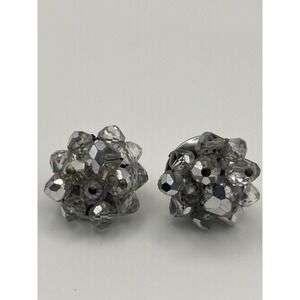 Vintage Crystal Aurora Borealis Cluster Clip On Earrings Silver Tone Mid Century